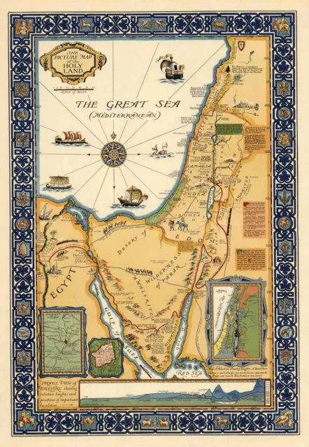 1921 Pictorial Map Holy Land Palestine Israel Wall Art Poster Decor History