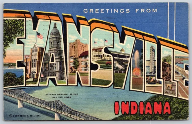 Postal Saludos desde Evansville Indiana Carta Grande Lino O121
