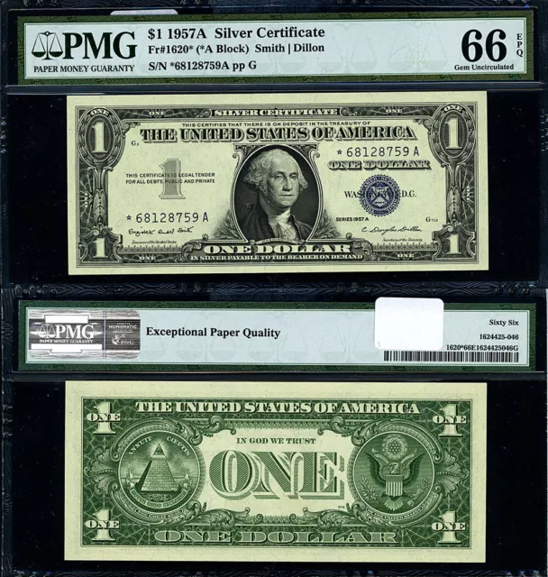 FR. 1620* $1 1957-A Silver Certificate *-A Block Gem PMG CU66 EPQ Star