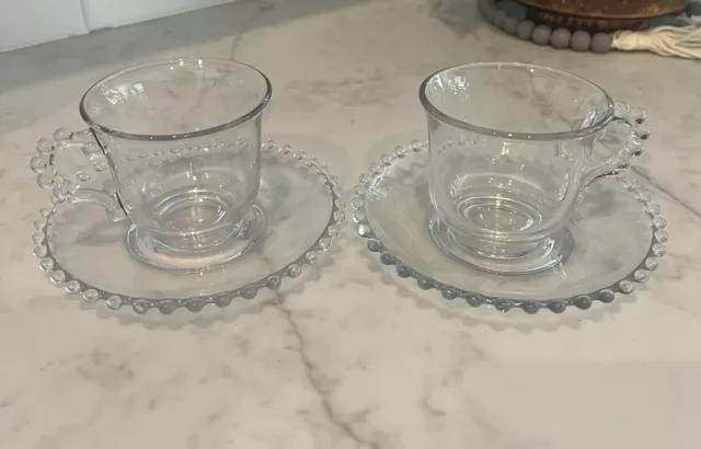 Vintage Imperial Candlewick Sets of 2 Glass Beaded Tea Cups & Saucers