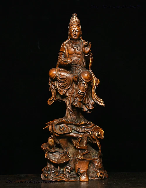 8" Old Chinese Boxwood wood Carving Lotus GuanYin Kwan-yin Goddess Buddha Statue