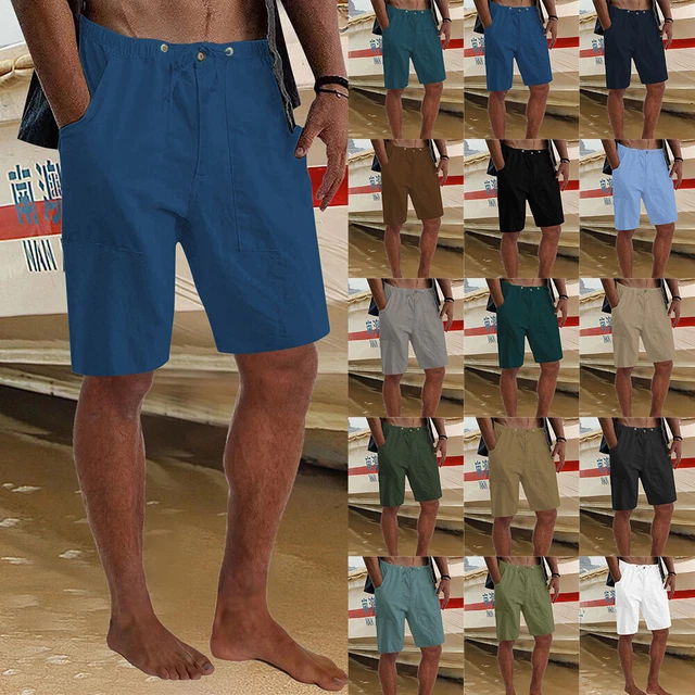 Mens Cotton Linen Elasticated Shorts Pocket Loose Casual Gym Beach Summer Pants