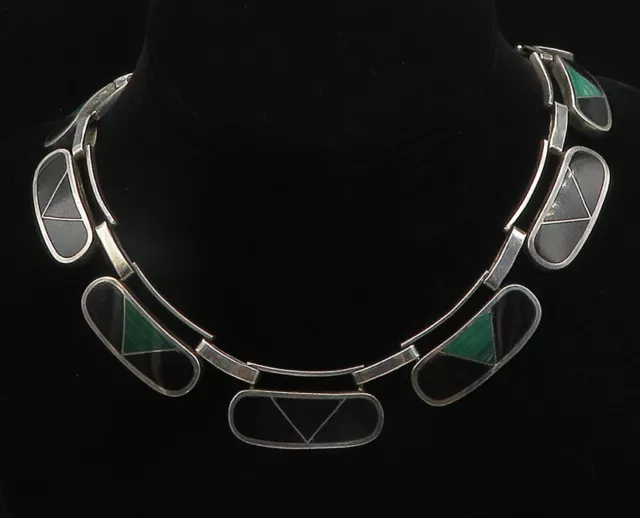 MEXICO 925 Silver - Vintage Black Onyx & Malachite Heavy Chain Necklace - NE3178