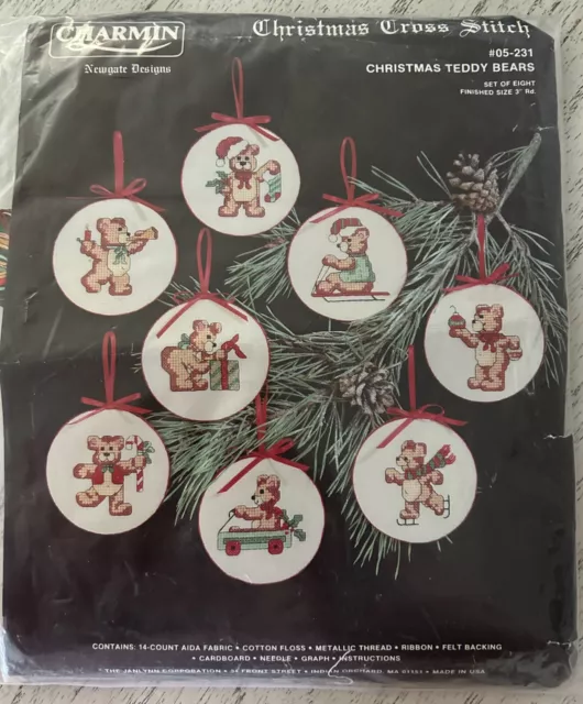 Janlynn Charmin Christmas Ornament Cross Stitch Kit Teddy Bears Open Package