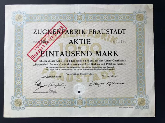 Zuckerfabrik Fraustadt - 1000 Mark, Fraustadt, im Dezember 1921