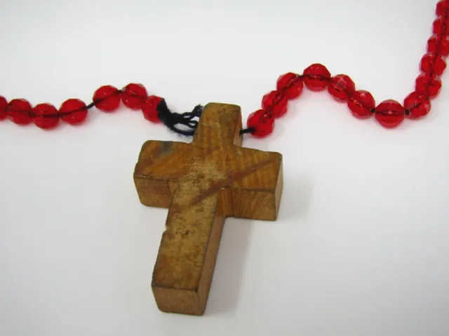 Vintage Christian Cross Pendant: Red Beads Wood Wooden Cross