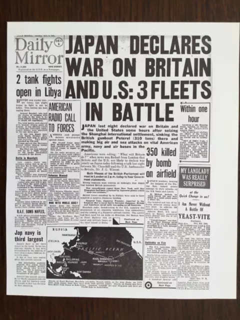 SMALL POSTER/NEWSPAPER PAGE(8.5”x 7”) 1941 JAPAN DECLARES WAR ON BRITAIN & U.S.