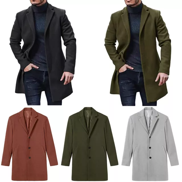 Mens Woolen Trench Coat Winter Lapel Long Jacket Overcoat Fomal Office Outwear +