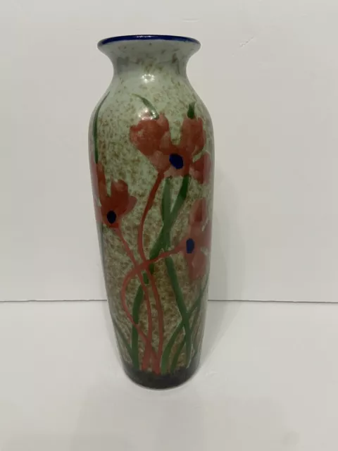 Pier 1 art pottery ceramic vase modern floral poppies 10 “Mint Clay Flower