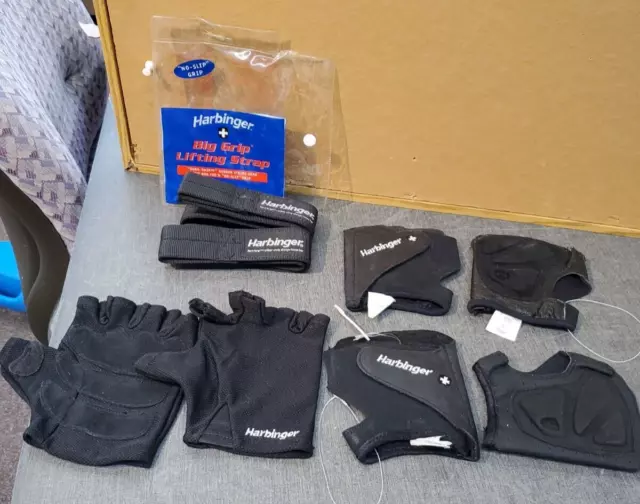 Harbinger Big Grip No-Slip Weight Lifting Straps & 3 Pairs of Gloves Lg