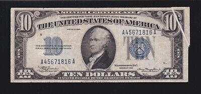 US 1934 $10 Silver Certificate Mule Gutter Fold Error FR 1701m VF (816)