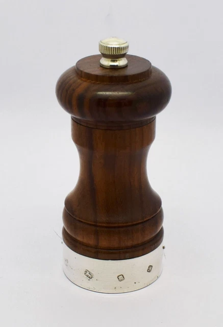 Elegant Vintage Wood & Solid Silver Band & Top Pepper Grinder Mill Hm 1984