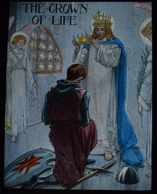 THE CROWN OF LIFE C1890 ANTIQUE Magic Lantern Slide CHRISTIAN RELIGION KNIGHT