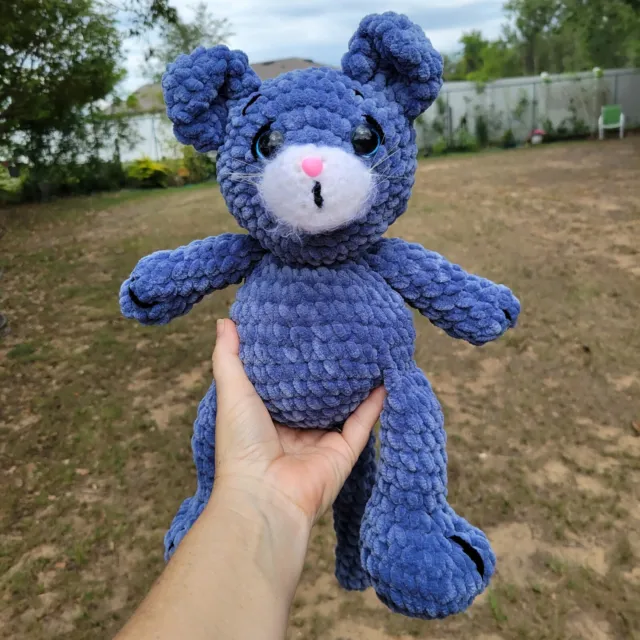 Handmade 14 in Gray/ Blue /White Crocheted Adorable Plush Cat