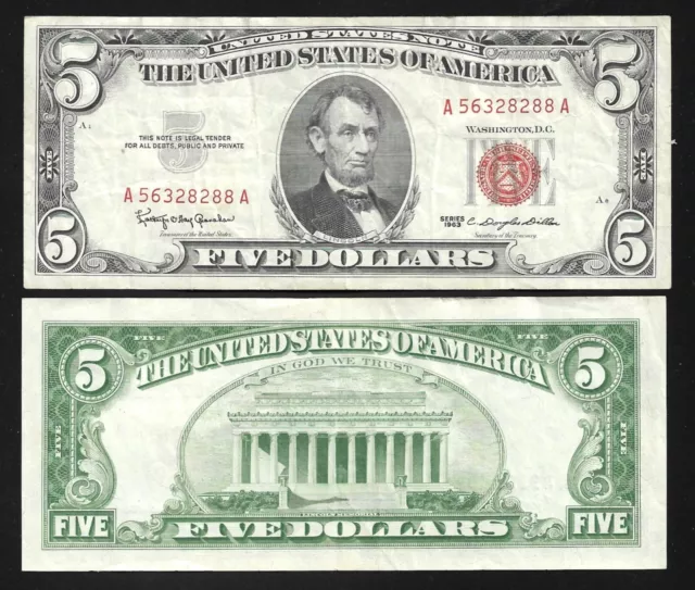 US - $5.00 (Red Seal) Notes - Series 1963 - VF condition