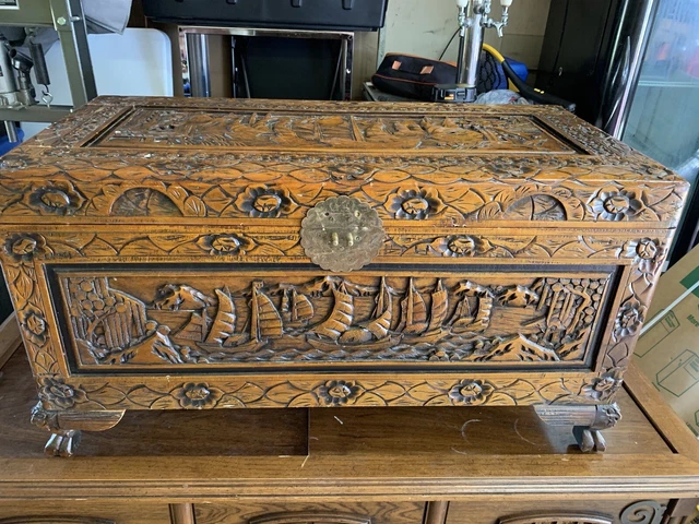 Chinese Deeply Carved Camphor Wood Trunk Chest W/ Flaws