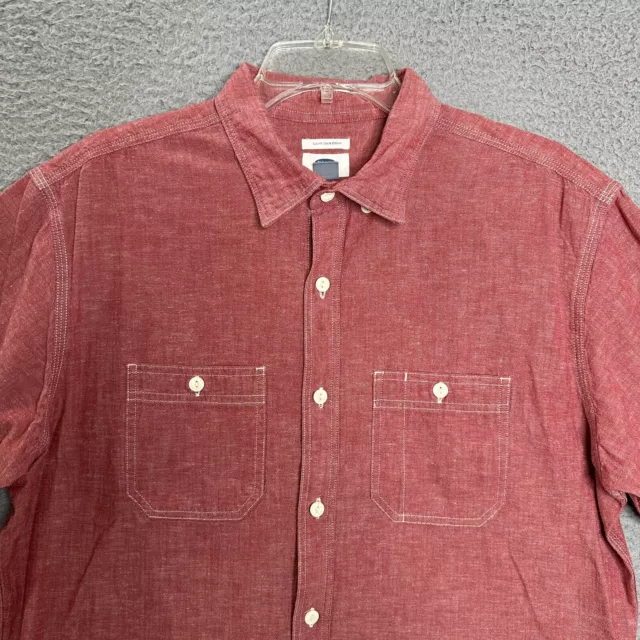 Old Navy Button Shirt Mens L Red Chambray Slim Fit Short Sleeve Cotton Linen 3