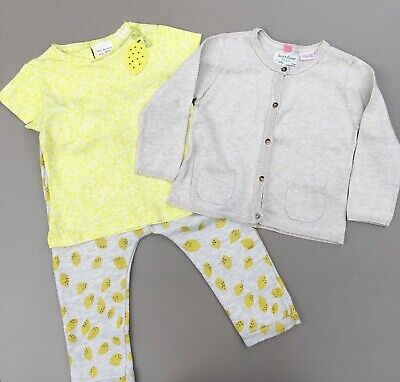 Pantaloni 18-24 mesi ZARA giallo limone e beige ragazze, top, cardigan set di 3 pezzi