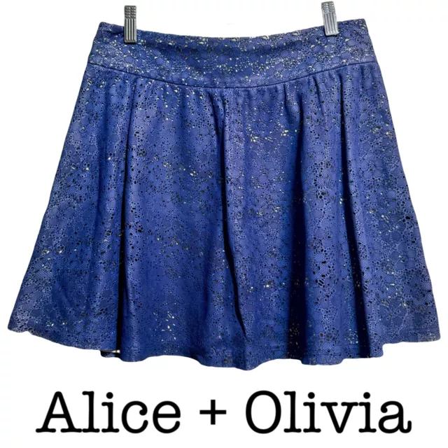 Alice + Olivia Blue Floral Laser Cut Out Leather Skirt Size 6