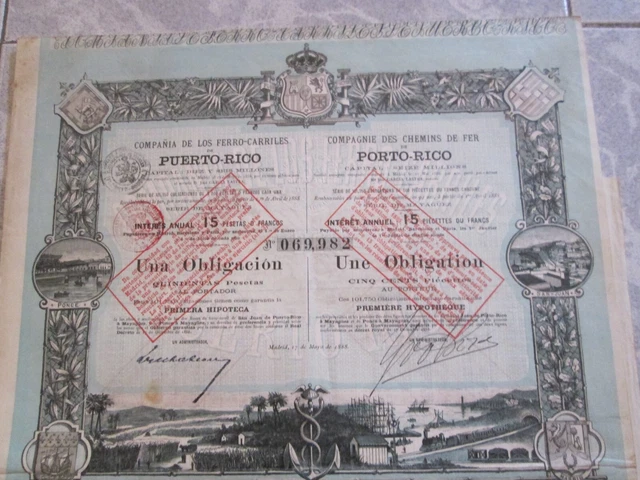 Cia, de los Ferrocarriles  de  Puerto Rico una Obligación de 500 Pesetas 1888