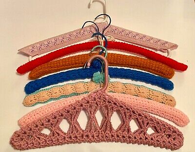 Lot of 5 Vintage Old  Hand Crocheted Wooden Coat Hangers + 2 Unique Plastic Ones