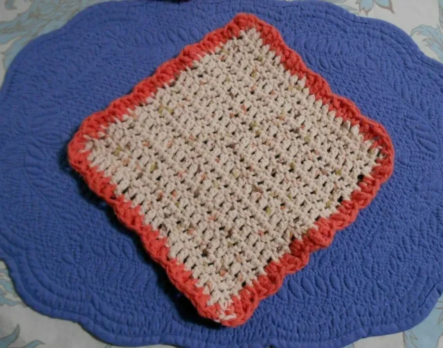 Crochet Dish Cloth Wash Cloth Beige with Peach Square Shaped Handmade