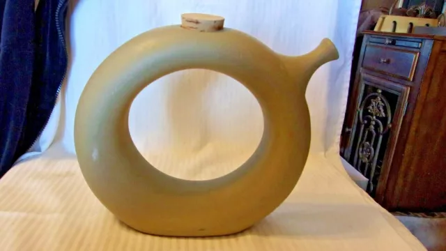 Unique Olive Green Round Donut Hole Pitcher with Cork Stopper, Matt, Pottery 3