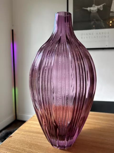 Large Contemporary Vase Pink Flashed Glass Ribbed 35cm High