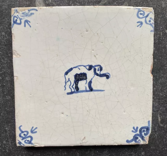 Antique Rare Dutch Delft Tile Elephant 17TH C.