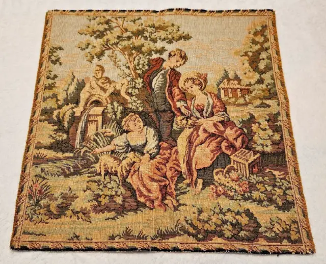 Vintage Antique French Tapestry Countryside Romance Scene 12"x12" Made in France
