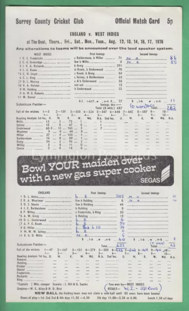 🌞CRICKET SCORECARSD: ENGLAND v WEST INDIES, OVAL: AUG 1976