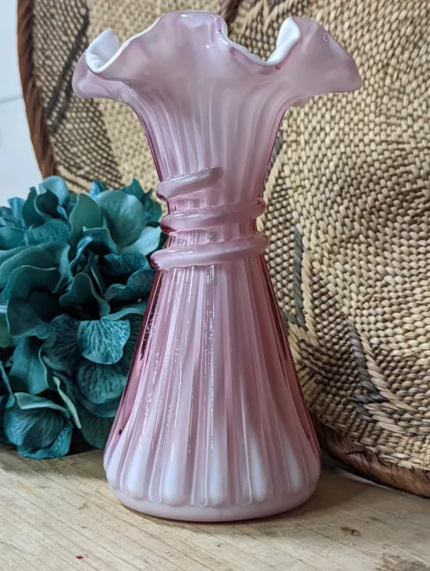 Fenton Art Glass Dusty Rose Overlay Vintage Wheat Vase 2