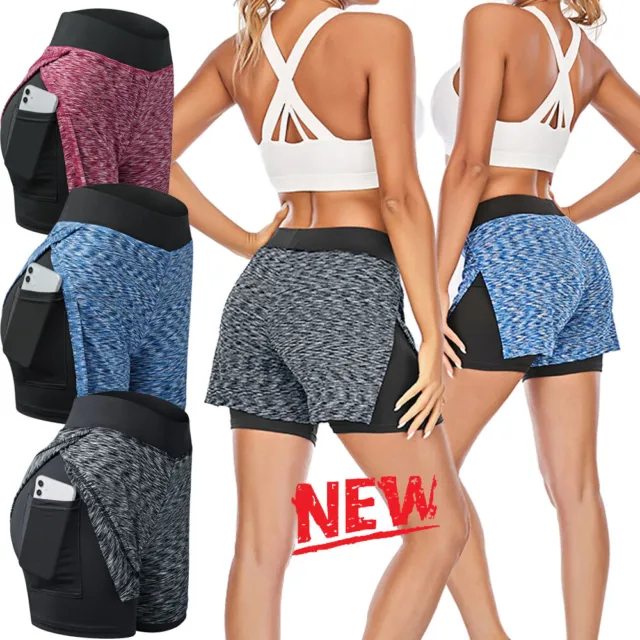 Women 2 In 1 Running Quick Dry Short Athletic Gym Yoga Shorts with Phone Pockets