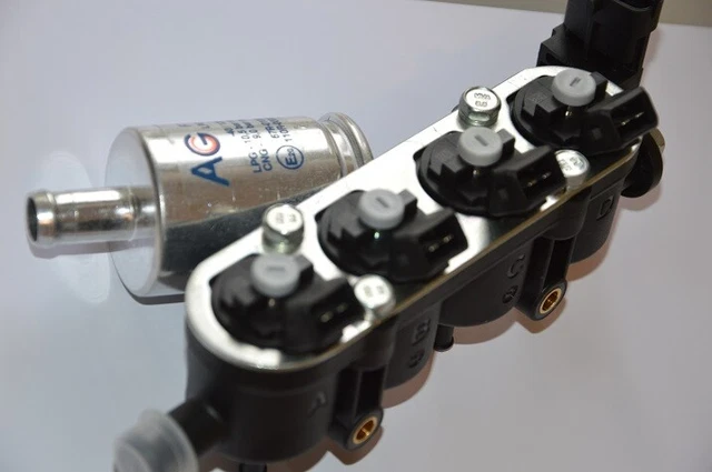 Rail Completo De Inyectores GPL Landi Renzo - 12 Orificios, Tapa Azul, Conexión Antigua Bosch, Fabricado En Italia
