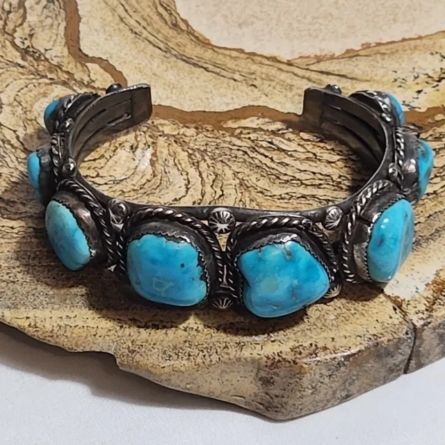 Vintage Navajo Old Pawn Sterling Silver Turquoise Cuff Bracelet 6.5” C