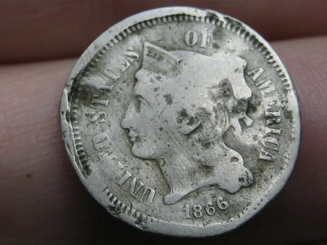 1866 Three 3 Cent Nickel- Good/VG Details
