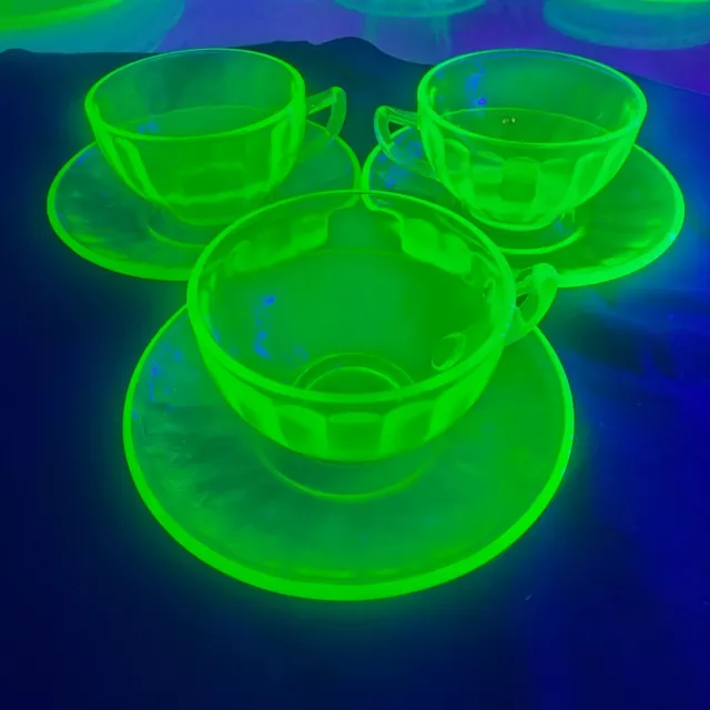 Uranium Glass Vintage Tea Cup Saucer Plate Set Green Set Depression Federal Glow