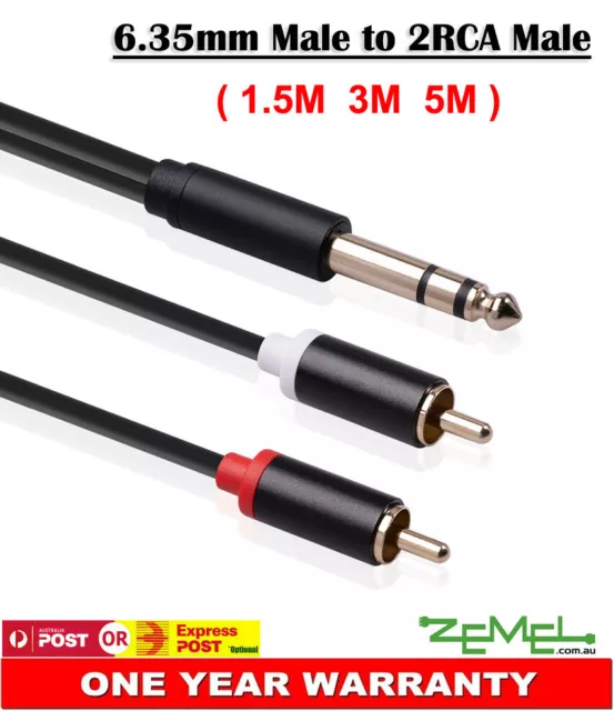 6.35mm 1/4" Male to 2 RCA 2RCA Male Jack Audio Adapter Splitter Stereo Cable AU