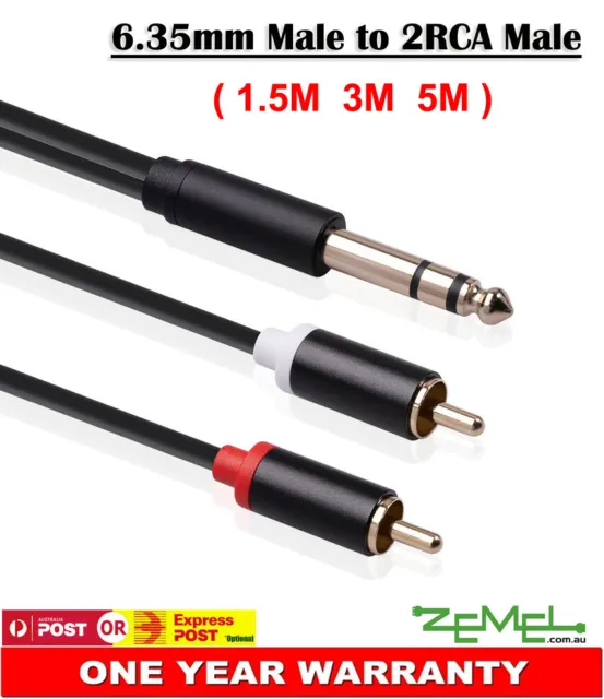 6.5mm 1/4" Male to 2 RCA Jack Audio Adapter Splitter Stereo Cable Premium Lead