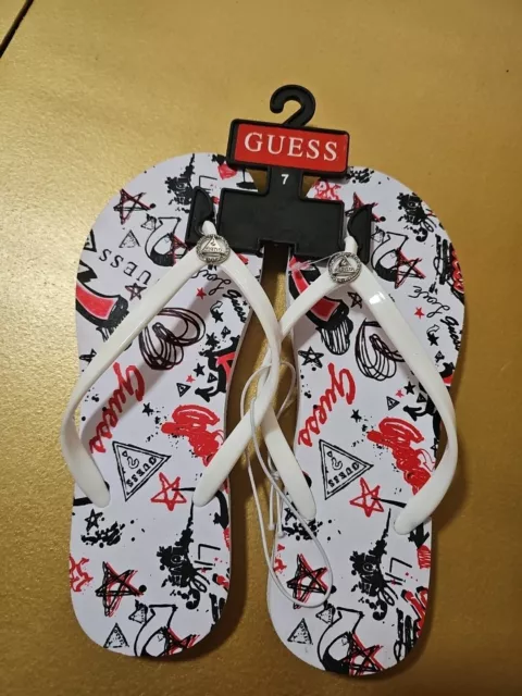 NEW GUESS LENT White On White Flip Flop Sandals Hearts Love Stars Red ...