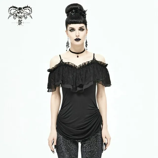 Devil Fashion Gothic Retro Sling Lace Mesh Drawstring Tops Shirt Suspender Dress