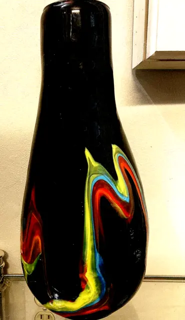 Mcm Blown Black Art Glass Abstract Ovoid Vase - Relief Multi-Color Swirls 15"