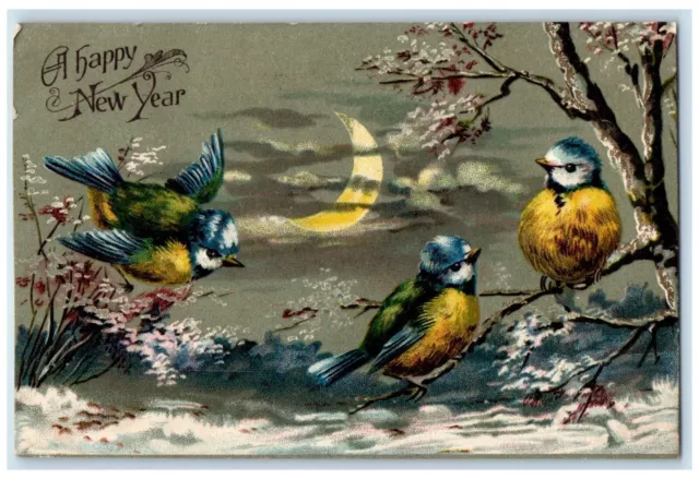 1908 New Year Song Birds Crescent Embossed Quincy Illinois IL Antique Postcard