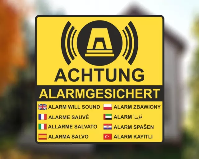 Aufkleber Achtung Alarmgesichert Gelb - Schild Sticker - Hinweisschild