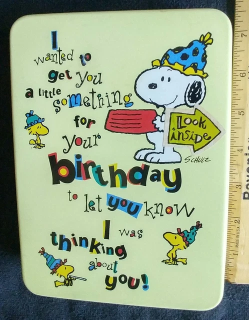 SNOOPY WOODSTOCK PEANUTS Happy Birthday Card Holder Metal Hinged Tin SNOOPY WOODSTOCK PEANUTS Happy Birthday Card Holder Metal Hinged Tin