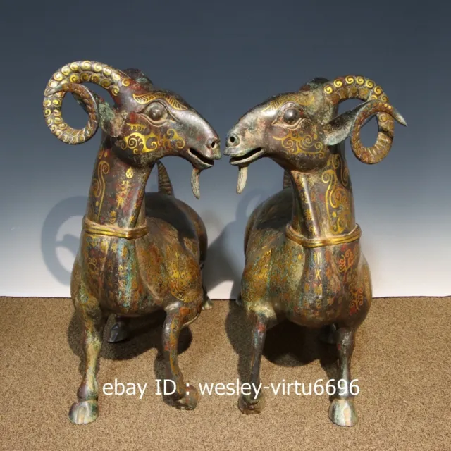 China Dynasty Folk Collection Old Bronze Gild Sheep Goat Statue Pair L57CM