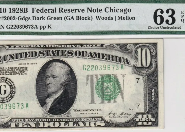 G22039673A  1928B Chicago Book Value $ 550 Green Seal Uncirculated  Ten Dollar