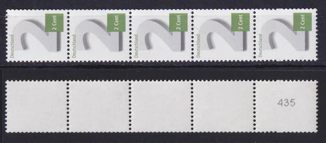 Bund 3042 2-Cent RM 5er Streifen ungerade Nr. 2 Zahnlöcher nicht durchgestanzt