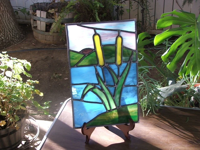 Beautiful Hand Made Stained / Leaded Glass Window, Cat Tails, Water, Mountains