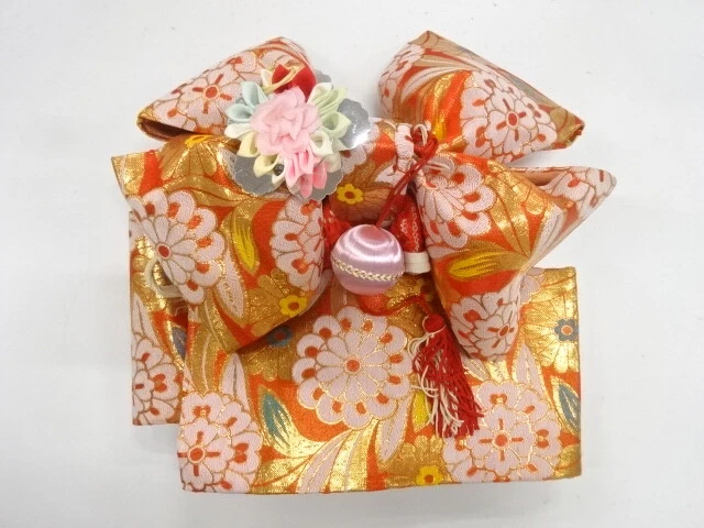 37932# Japanese Kimono / Ribbon Tsukuri Obi For Girls / Woven Flower